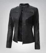 Slim-fit black leather biker jacket for women