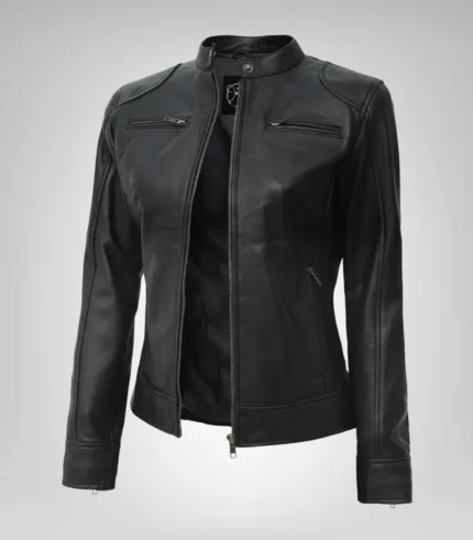 Slim-fit black leather biker jacket for women