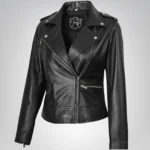 Amber women’s black leather biker jacket with asymmetrical closure