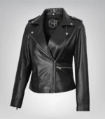 Amber women’s black leather biker jacket with asymmetrical closure