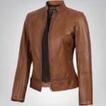 Tan slim-fit waxed leather biker jacket for women