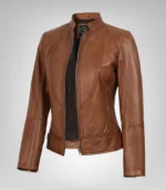 Tan slim-fit waxed leather biker jacket for women