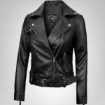 Women’s asymmetrical black leather motorcycle jacket