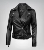 Women’s asymmetrical black leather motorcycle jacket