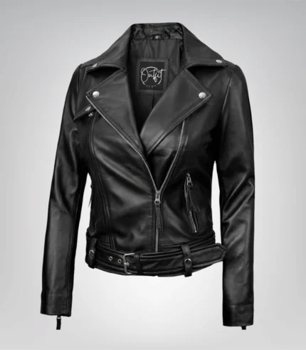 Women’s asymmetrical black leather motorcycle jacket