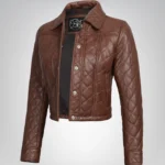 Women’s premium cognac quilted leather cropped jacket