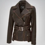 Distressed brown longline leather biker jacket for women