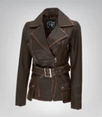 Distressed brown longline leather biker jacket for women