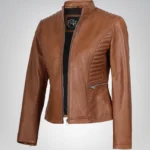 Tan women’s slim-fit premium leather jacket