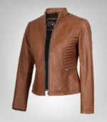 Tan women’s slim-fit premium leather jacket