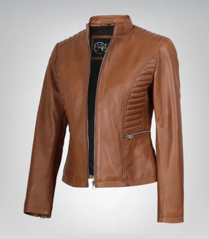 Tan women’s slim-fit premium leather jacket