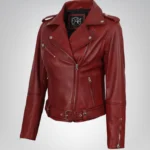 Belted women’s leather motorcycle jacket in premium real leather