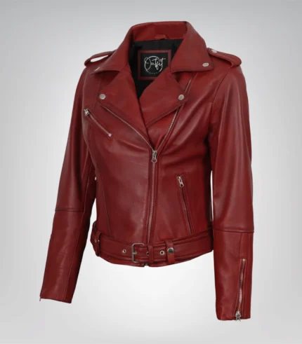 Belted women’s leather motorcycle jacket in premium real leather