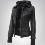 Céleste women’s black bomber leather jacket with detachable hood