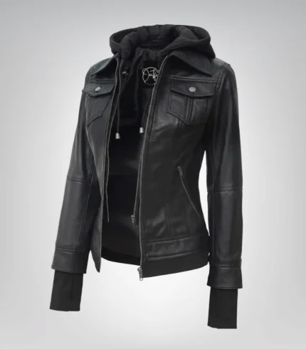 Céleste women’s black bomber leather jacket with detachable hood