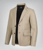 Men’s beige leather blazer with two-button closure and notch lapel