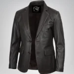 Men’s distressed brown leather blazer with classic two-button closure