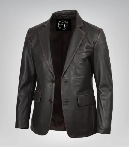 Men’s distressed brown leather blazer with classic two-button closure