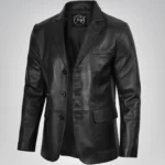 Men’s black leather blazer with three-button closure and traditional notch lapel