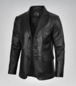 Men’s black leather blazer with three-button closure and traditional notch lapel
