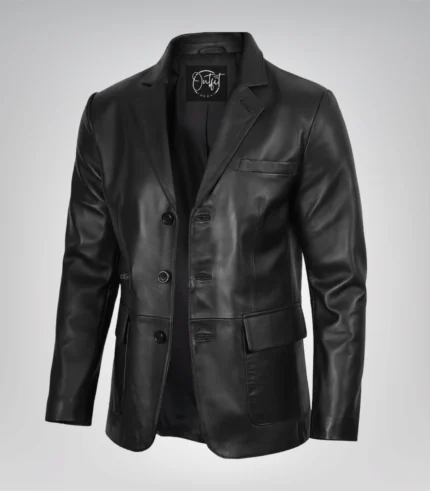 Men’s black leather blazer with three-button closure and traditional notch lapel