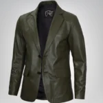 Men’s olive green leather blazer jacket with two-button closure