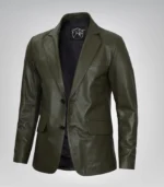 Men’s olive green leather blazer jacket with two-button closure
