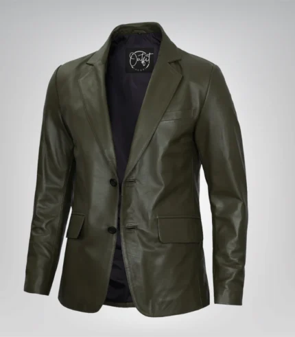 Men’s olive green leather blazer jacket with two-button closure