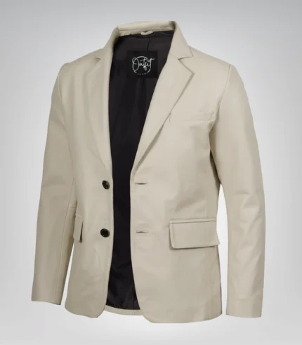 Men’s off-white leather blazer with notch lapel