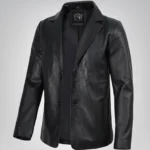 Men’s black leather blazer with two-button closure and notch lapel