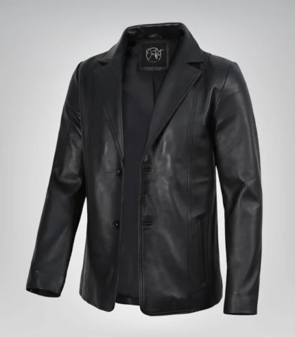 Men’s black leather blazer with two-button closure and notch lapel