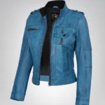 Women’s premium blue waxed lambskin leather biker jacket