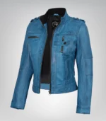 Women’s premium blue waxed lambskin leather biker jacket