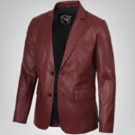 Men’s maroon leather blazer with two-button closure