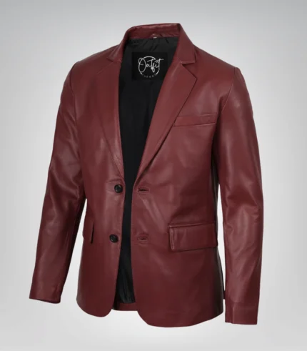 Men’s maroon leather blazer with two-button closure