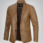 Men’s camel brown leather blazer jacket with two-button closure