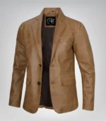Men’s camel brown leather blazer jacket with two-button closure