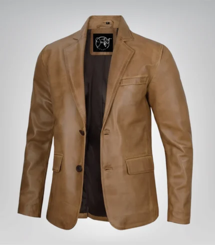 Men’s camel brown leather blazer jacket with two-button closure