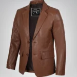 Men’s cognac leather blazer jacket with two-button closure