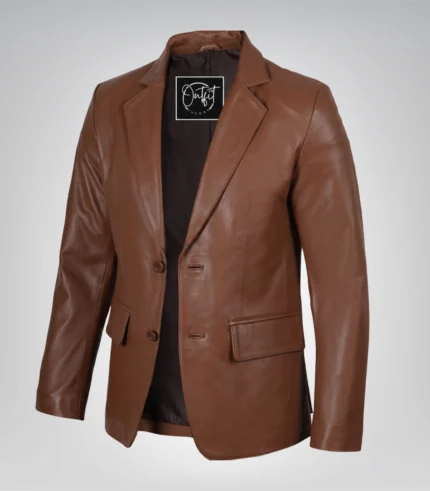 Men’s cognac leather blazer jacket with two-button closure