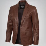 Men’s cognac waxed leather blazer with two-button closure