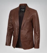 Men’s cognac waxed leather blazer with two-button closure