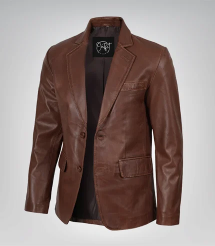Men’s cognac waxed leather blazer with two-button closure
