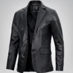 Men’s Two-Button Black Leather Blazer with Notch Lapel