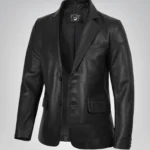 Men’s black leather blazer with two-button closure and notch lapel