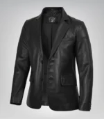 Men’s black leather blazer with two-button closure and notch lapel