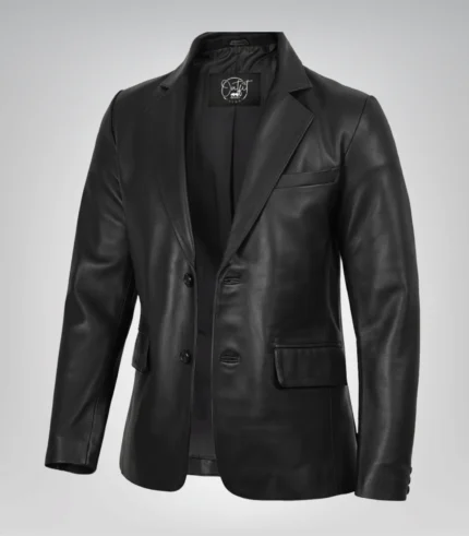 Men’s black leather blazer with two-button closure and notch lapel