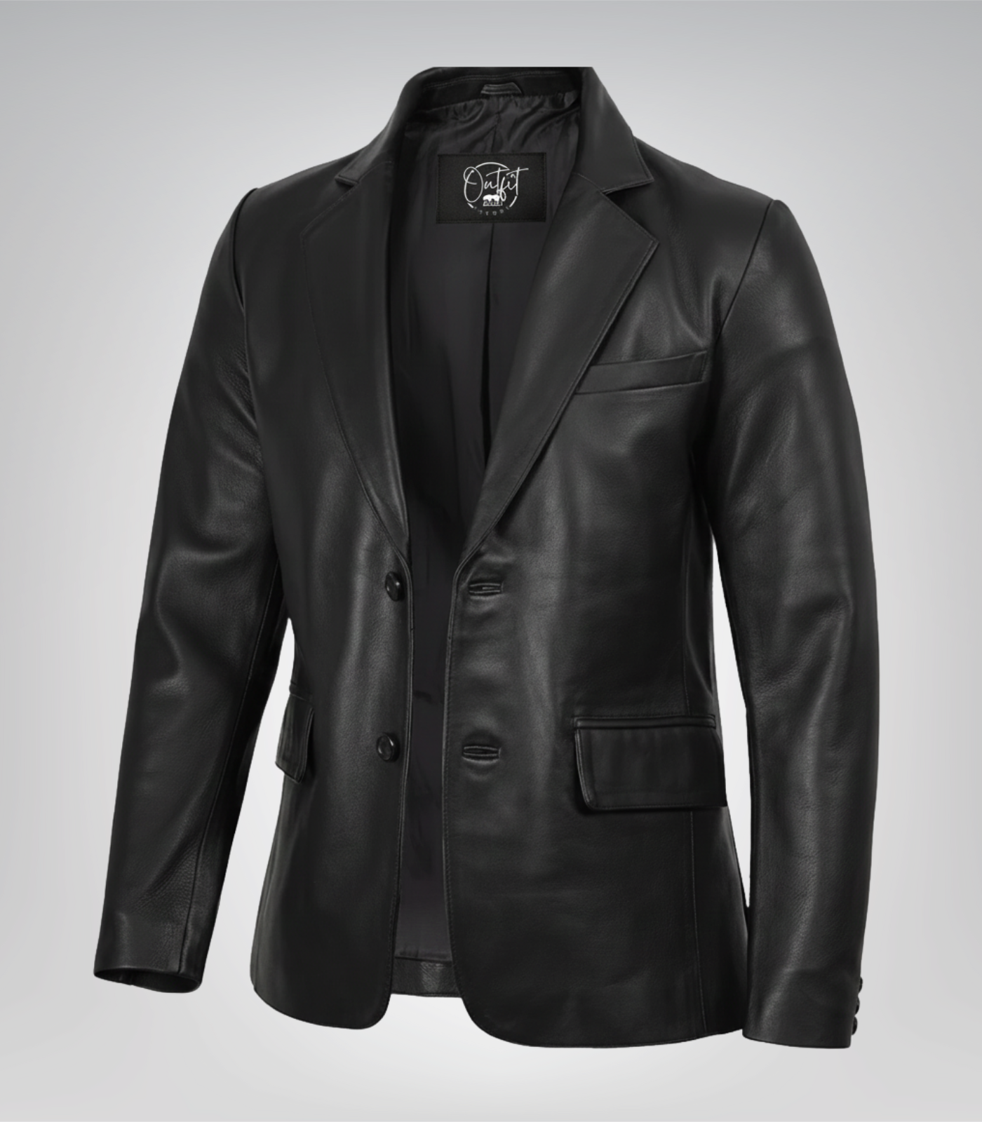 Men’s Two-Button Black Leather Blazer with Notch Lapel Men’s black leather blazer with two-button closure and notch lapel