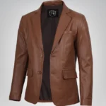 Men’s cognac leather blazer with two-button closure and notch lapel