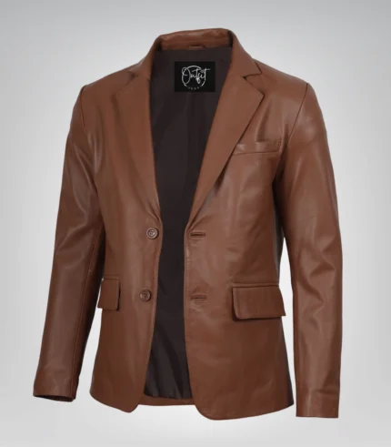Men’s cognac leather blazer with two-button closure and notch lapel